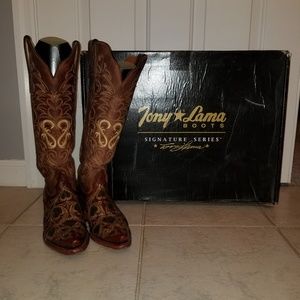 Tony Lama cognac/natural hearts & scroll boots